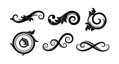 Set of six black vintage swirl floral elements for elegant design embellishment in vector style, creating a classic and artistic mood.のイラスト素材