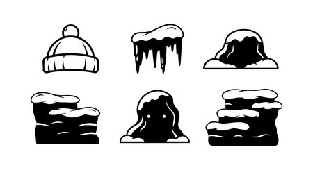 Vector set shows black and white snow covered rocks, winter hat, and icicles with a simple design. The style is minimal and clean, evoking cold and wintery mood.のイラスト素材
