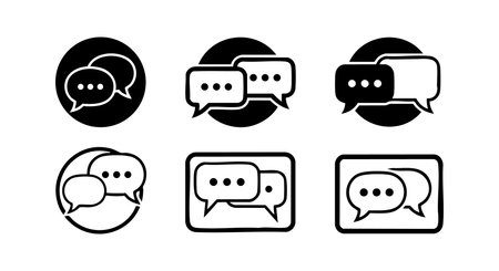 This vector file shows six black and white speech bubble icons representing communication and messaging concepts in various styles. The design is simple and clear, professional mood.のイラスト素材