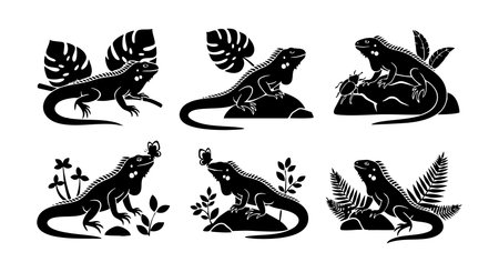 This vector features six black iguana silhouettes surrounded by various tropical leaves and small plants, presenting a natural and wildlife-inspired style. Elegant and striking.のイラスト素材
