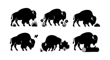 Set of six black buffalo silhouettes with grass, flowers, birds, and log elements in vector style, perfect for nature-themed designs and wildlife illustration, artistic mood.のイラスト素材