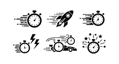 This vector features black stopwatch and rocket icons symbolizing speed, acceleration, and rapid timing with dynamic motion lines. The design conveys energy and urgency in a minimalist style, energetic mood.のイラスト素材