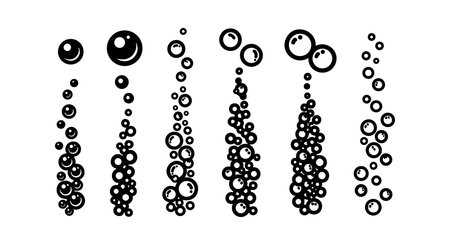 Vector artwork displays different vertical clusters of black bubbles in water with varying sizes and spacing, creating a dynamic and playful underwater effect. Artistic and abstract mood.のイラスト素材