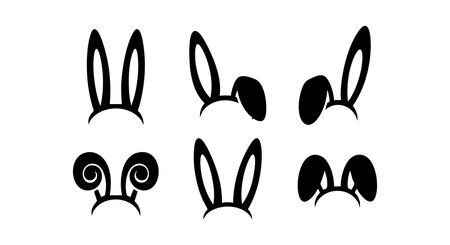 This vector features six black and white ear icons, including bunny and ram styles, with simple outlines and minimalist design, perfect for playful or animal-themed projects. Cheerful.のイラスト素材