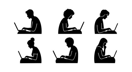 Six black silhouettes of diverse individuals using laptops, showing different hairstyles and postures. The image depicts technology use and remote work, creating a focused and productive mood.のイラスト素材