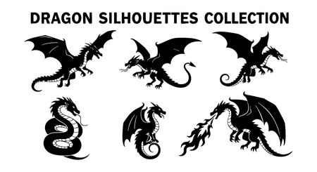 Vector collection shows black dragon silhouettes in flying, fire-breathing, and coiled poses with sharp wings and tails. Perfect for fantasy and mythical themed designs. Dramatic mood.のイラスト素材