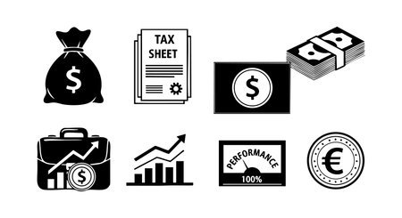 Set of finance and money icons including tax sheet, cash bag, currency notes, performance graph, and euro coin representing business and economy concepts in black and white style. Professional and clear.のイラスト素材
