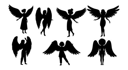 This vector features seven distinct black angel silhouettes with wings in multiple dynamic poses, presenting a spiritual and mystical theme. The design is simple and striking. Serene mood.のイラスト素材