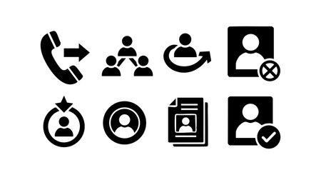 This vector set shows communication and user profile icons for contact management, user interaction, and call functions in digital interfaces. The design is clear and professional.のイラスト素材
