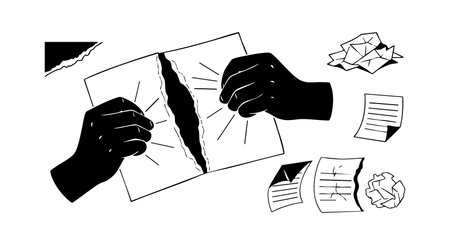 Illustration shows black hands tearing a paper with scattered torn and crumpled sheets around, symbolizing frustration or conflict in a monochrome style, dramatic and intense mood.のイラスト素材