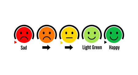 This vector shows a progression of five colorful emotional faces from sad to happy, transitioning through orange and yellow shades with arrows indicating movement, conveying mood change clearly. Cheerful.のイラスト素材