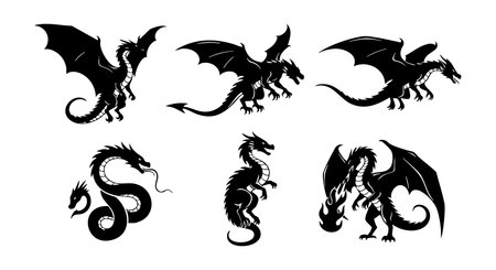This vector file shows black dragon silhouettes in different dynamic poses, perfect for fantasy and mythical creature design projects, evoking a mysterious and powerful mood.のイラスト素材