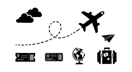 Vector illustration shows travel-related icons including airplane, tickets, globe, suitcase, and paper plane, emphasizing vacation planning and adventure in a minimalist style, creative mood.のイラスト素材