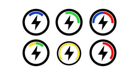 Vector illustration of six energy meter icons with black circular outlines and colored segments indicating power levels in blue, green, red, yellow, and orange. Modern and clear style creates an informative and dynamic mood.のイラスト素材