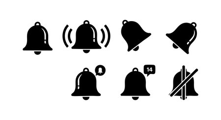 This vector features a set of notification bell icons including silent, alert, and message variants for user interfaces and digital communication, presented in simple black silhouette style. Clear, functional, modern.のイラスト素材