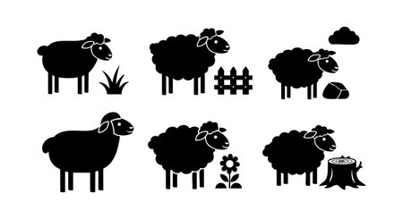 Black sheep silhouettes are depicted with various natural elements like grass, flowers, fences, rocks, and tree stumps in a simple vector style, evoking rural and pastoral charm. Calm and rustic.のイラスト素材