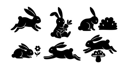 This vector set features black rabbit silhouettes in different actions such as running, sitting, and holding a carrot, accompanied by nature elements like flowers and mushrooms. Simple and versatile design, charming mood.のイラスト素材
