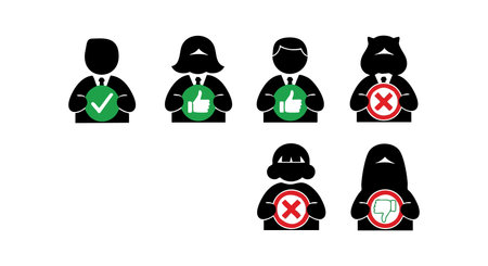 This vector image shows medical professionals with approval and disapproval symbols, including thumbs up and thumbs down. The design is simple and clear, conveying judgment concepts. Professional mood.のイラスト素材