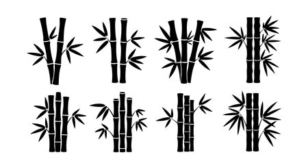 This vector features eight stylized black bamboo silhouettes with leaves in a minimalist, decorative style. The design is simple, bold, and suitable for nature-themed projects. Calm and balanced.のイラスト素材