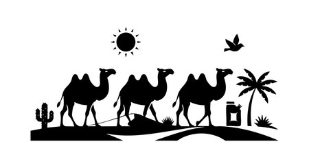 Silhouette of camel caravan walking across desert with sun shining above, palm tree, cactus, and bird flying in the sky, creating a peaceful and serene scene.のイラスト素材