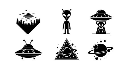 Vector collection features alien figures, UFOs, planets, and cosmic landscapes in black silhouette style, depicting extraterrestrial themes with a mysterious and futuristic mood.のイラスト素材