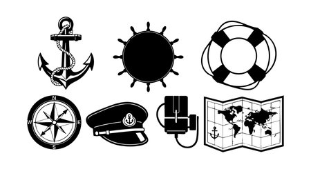 This vector set features nautical icons including an anchor, ship wheel, captain hat, compass, lifebuoy, map, and binoculars representing maritime navigation and sea travel in black silhouette style. Classic and bold.のイラスト素材
