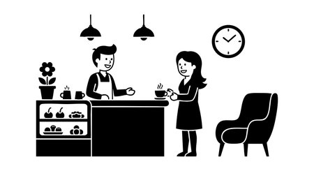 Vector shows a barista handing a steaming cup to a smiling customer inside a cozy coffee shop with furniture and decor, creating a warm and friendly atmosphere. Cheerful mood.のイラスト素材