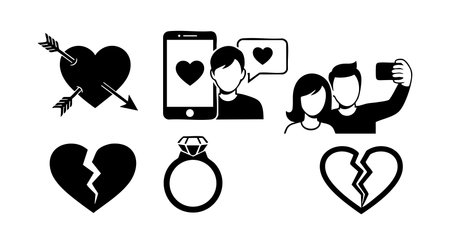 This vector set features love and heartbreak icons, including hearts, arrows, engagement ring, and social media interaction symbols, representing relationships and emotions with simple black design. Romantic and expressive mood.のイラスト素材