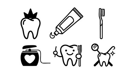 Set of tooth and dental care icons including smiling tooth, toothpaste, toothbrush, floss, and shining tooth in black and white vector style, conveying hygiene and health in clean design. Cheerful mood.のイラスト素材