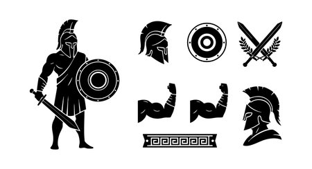 This vector illustration features a Spartan warrior equipped with a helmet, shield, and sword, alongside muscular arms and Greek ornamental elements, presented in black and white, bold and historic mood.のイラスト素材