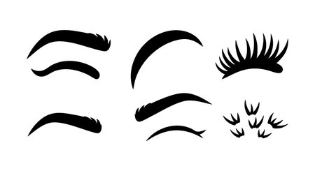 Vector image showing diverse eyebrow shapes and eyelash styles in black silhouette, suitable for beauty, makeup, and cosmetic design projects. Clean and simple artistic mood.のイラスト素材