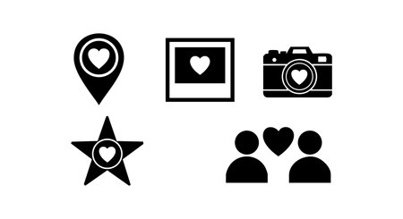 This vector image displays a set of love-themed icons including a heart location pin, framed heart, camera with heart lens, star with heart, and couple with heart connection in black silhouette style. Romantic and simple.のイラスト素材
