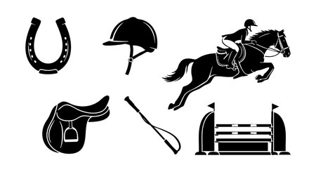 Vector illustration shows horse and rider jumping over fence with saddle, helmet, horseshoe, and whip equipment in black silhouette style, conveying dynamic energy and sportiness.のイラスト素材