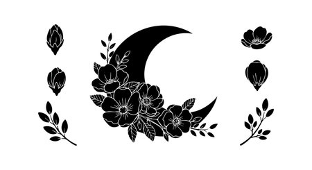 Black silhouette crescent moon adorned with flowers and leaves in vector style, perfect for design and decoration purposes, presenting elegant and artistic mood.のイラスト素材