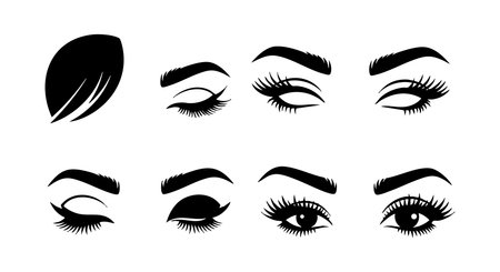 Vector set features black eyelashes and eyebrows in different shapes and eye expressions, ideal for beauty and makeup design projects, presented in a clean and minimal style. Elegant mood.のイラスト素材