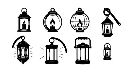Set of vintage lanterns in black silhouette style showing different classic lamp shapes and flame light sources in vector format, presenting old-fashioned lighting objects. Retro and elegant.のイラスト素材