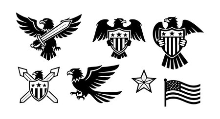 Set of black and white American eagle emblems featuring shields, stars, sword, and flag in vector style, representing patriotism and strength with bold design. Classic mood.のイラスト素材