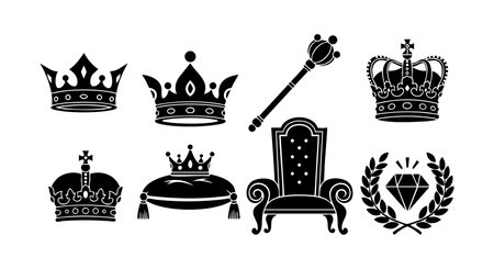 Vector collection featuring various royal crowns, an ornate throne, a scepter, a diamond, and a laurel wreath, symbolizing monarchy and nobility in a classic black silhouette style. Elegant and majestic.のイラスト素材
