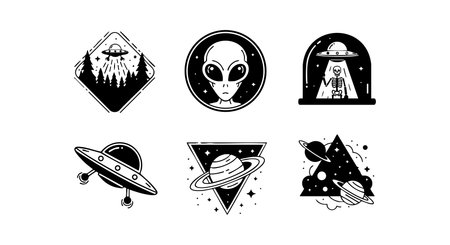 This vector set presents extraterrestrial and UFO icons with aliens, spaceships, planets, and cosmic elements in black and white style, evoking a mysterious and sci-fi mood.のイラスト素材