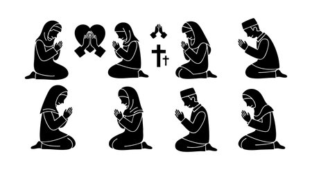 Silhouettes of men and women kneeling and praying in different positions with a Christian cross symbol in the center. The scene is peaceful and reverent. Spiritual mood.のイラスト素材