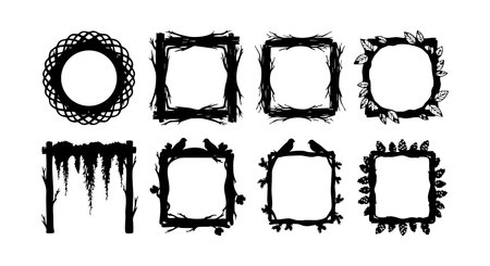 This vector file presents a collection of abstract black grunge frames featuring rough, textured edges and diverse shapes, ideal for creative design and artistic projects. Moody and edgy.のイラスト素材