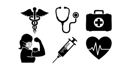 This vector set presents essential medical symbols such as the caduceus, stethoscope, first aid kit, masked nurse figure, syringe, and heartbeat icon, emphasizing health and care in a clean style. Professional and informative mood.のイラスト素材