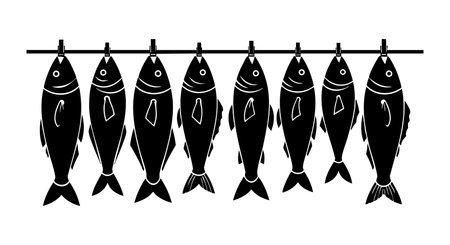 This vector shows black fish silhouettes hanging on a line, symbolizing fishing or seafood preparation. The simple design is bold and clear, conveying a rustic mood.のイラスト素材