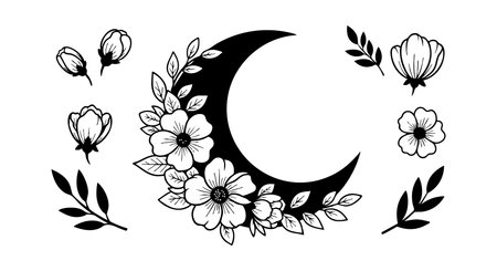 This vector features a crescent moon decorated with intricate flowers and leaves, showcasing elegant black and white line art with a natural and delicate mood.のイラスト素材