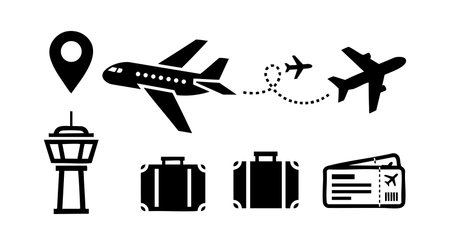 This vector set shows airplane travel icons including luggage, boarding pass, control tower, and location pin, symbolizing various transportation and journey aspects with clear black silhouettes. Practical and modern.のイラスト素材