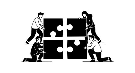 Illustration shows four people working together to assemble large puzzle pieces, symbolizing teamwork and collaboration in problem solving, creating a focused and cooperative mood.のイラスト素材