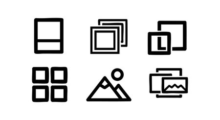 This vector image features six black line icons symbolizing photo album, gallery, layers, grid, mountains, and framed image, presented in a clean minimalist style. Modern and clear.のイラスト素材