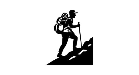 Silhouette of a hiker climbing a steep mountain slope carrying a backpack and using a walking stick, representing adventure and outdoor activity in a simple black style. Calm mood.のイラスト素材