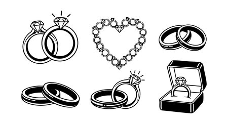 Vector set features various wedding rings and a heart-shaped diamond necklace, perfect for engagement or marriage celebrations, presented in a clean black and white style. Elegant mood.のイラスト素材