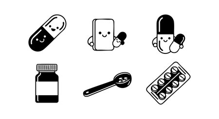 This vector image features medicine and pills icons with cheerful faces, including a bottle, spoon, blister pack, and capsules, conveying health and care in a simple style. Cheerful mood.のイラスト素材